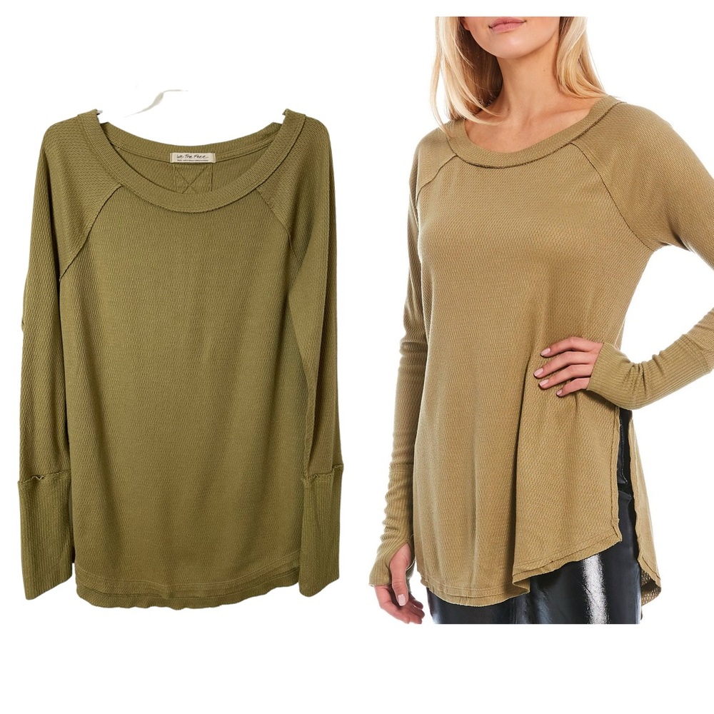 We The Free People Snowy Thermal Top Thumbhole Women’s Size S Tunic Olive Green